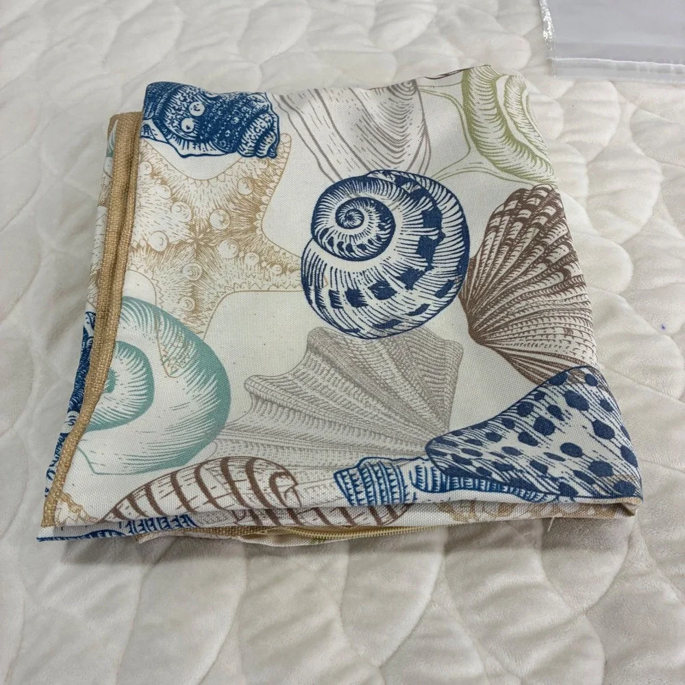 Seashell Coastal Pillow Covers 2 PC Square Nautical Blue Green Beige 18x18 Linen